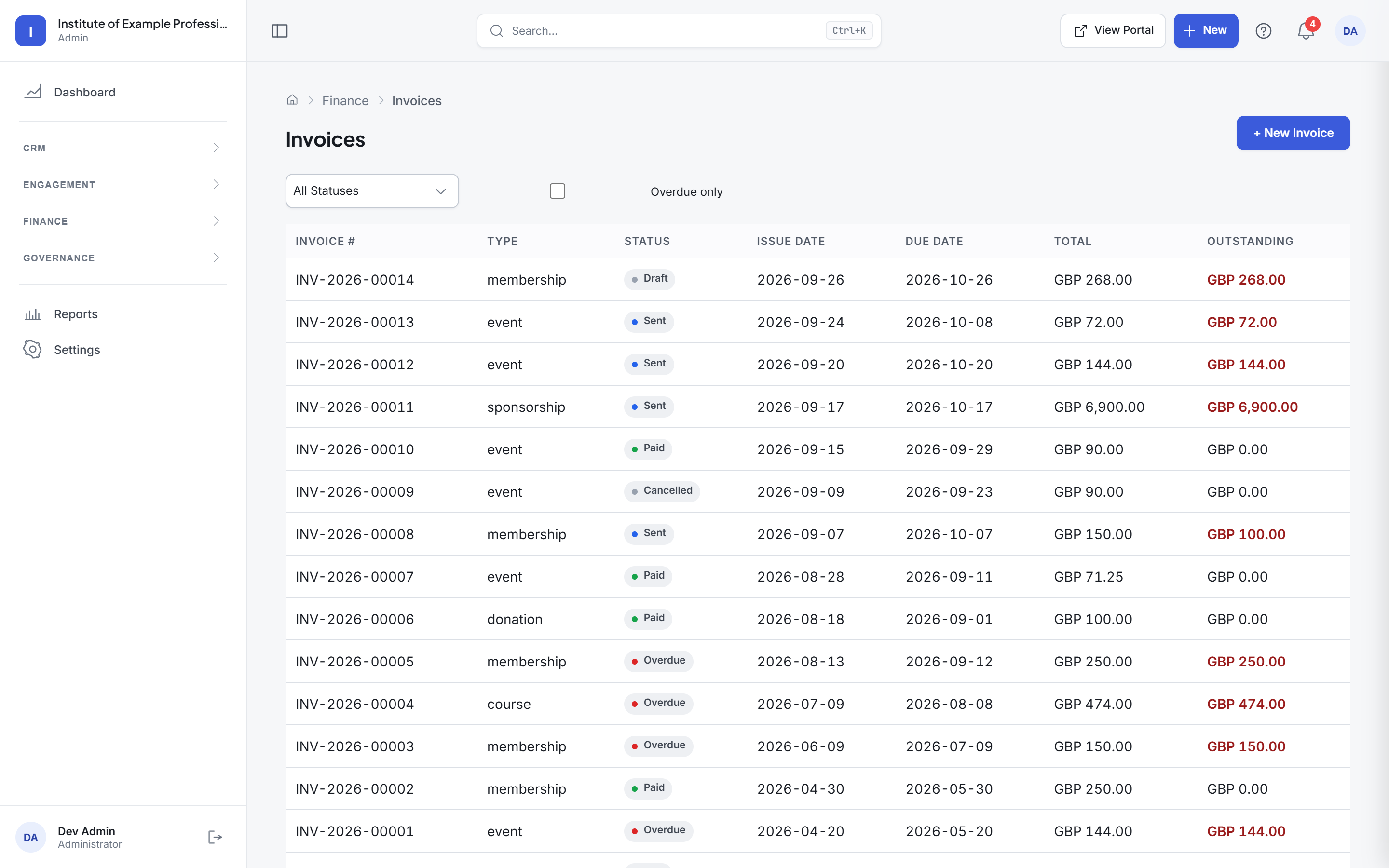 Invoices and payments screen
